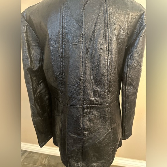 Women's Black Patchwork Leather Jacket Mid hip Small - Picture 9 of 10